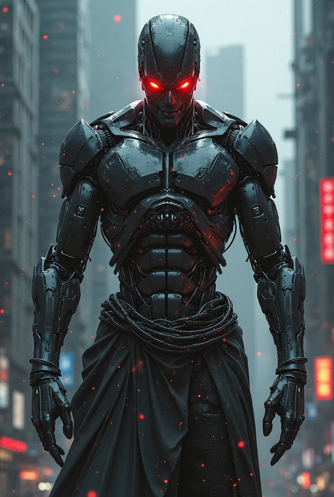 Dark_Fantasy,Cyberpunk,(chain saw,chain saw man,Red:1.1),1man,Mechanical marvel,Robotic presence,Cybernetic guardian, black colour,