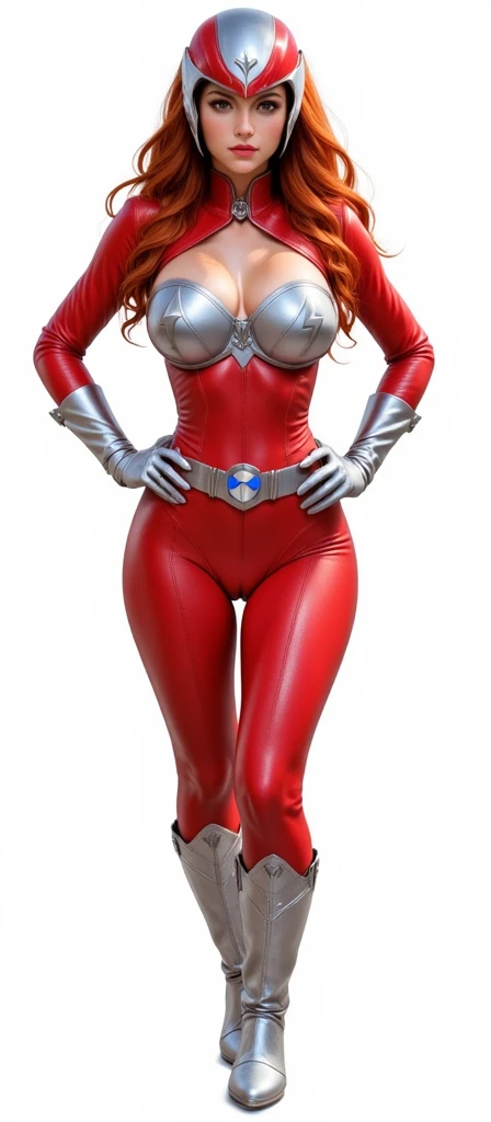 A beautiful and gorgeous Planet Woman  ,,,red long wavy hair.., wearing leather red and silver leather two piece bra and panty costume. Silver details and trimmings.. silver metallic gloves and silver cuffs and belt and silver knee high boots and silver accent.. hero suit ..with silver lightning symbol on each cup on the bra.. red and silver stylized helmet.. ,standing in a super hero pose hands on the hips,,,high quality,best quality png white background. Face front camera focus.