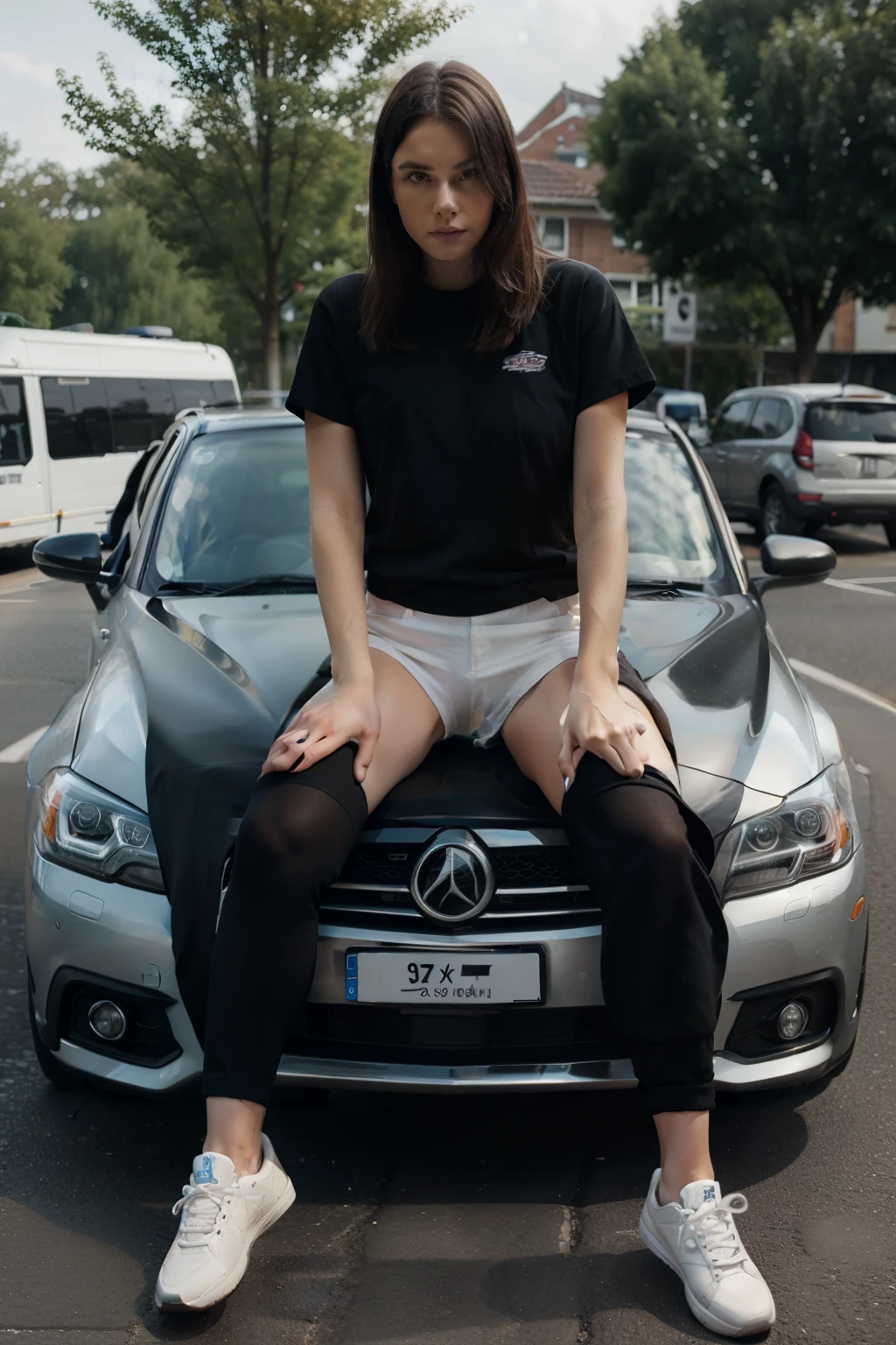 25-year-old ,girl with long red hair, white top, black shorts