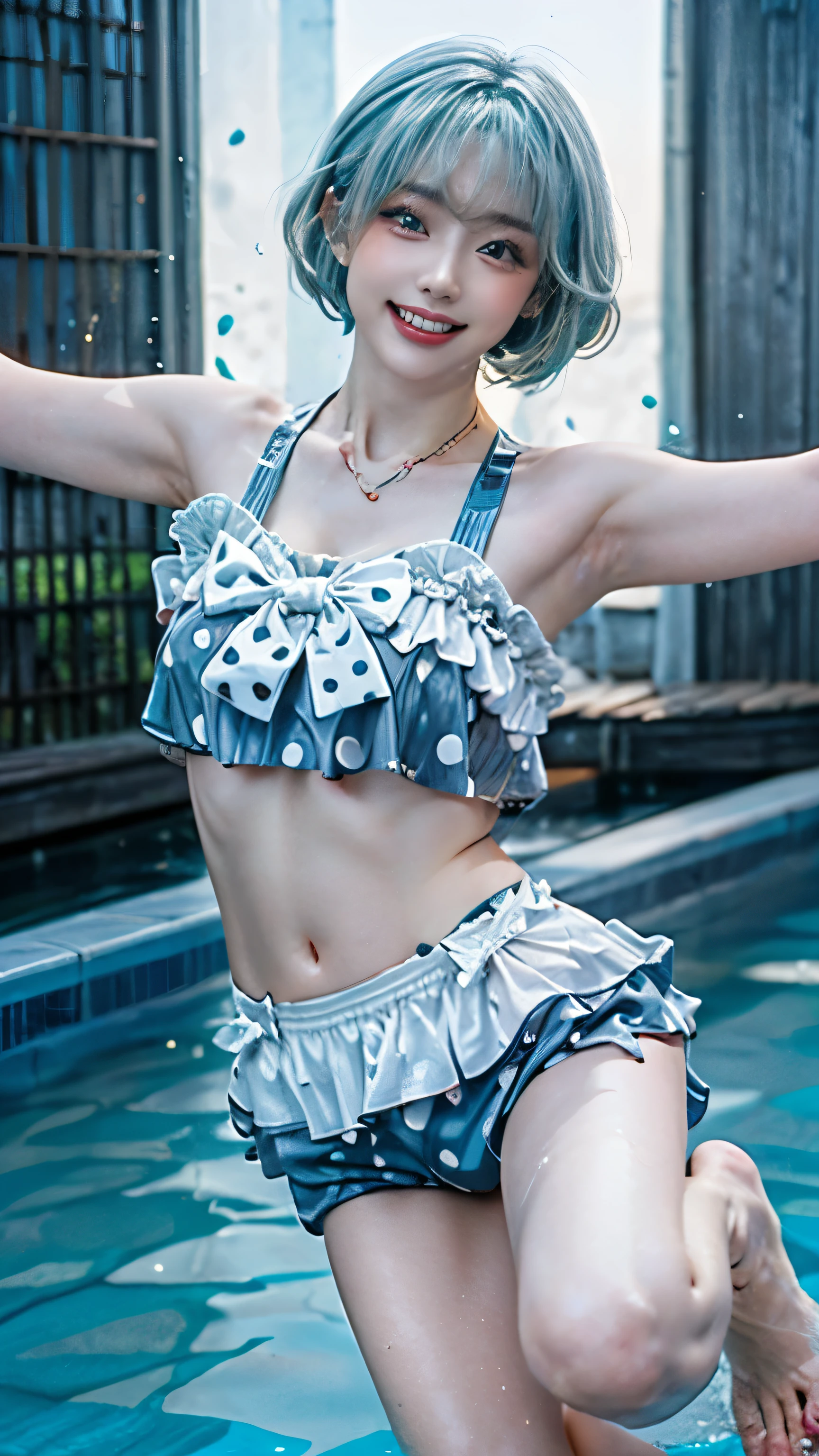 The background is morning,The morning sun shines,(((happy smiling face,Short hair, beautiful, shiny light blue hair:1.4),silvery mesh)),(((cute swimsuit, Polka dot bikini, frills, bow, halterneck,sweaty face and body:1.3,stand up and raise your arms,Beautiful, wrinkle-free sides))),1 girl,Japanese,21 years old,(beautiful accurate young hand:1,big breasts:1.3),(top quality,masterpiece:1.3,super A high resolution,),(Very Detailed,caustics),(photoreal:1.4,RAW shooting,)super realistic capture,very well detailed,high resolution 16K human skin close-up。 natural skin texture、,Pores、、、、、、、、must be detailed enough to be easily identified。 skin should have a uniform, healthy tone。 Use natural light and color, sad expression, look at the camera, perfect dynamic composition, (((A resort pool with a sense of openness:1, jump pose :1.3))),(((Dynamic Composition:1.8))),NFFS