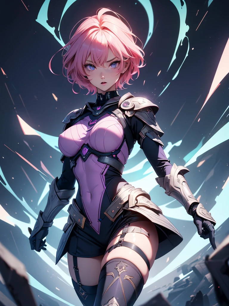 pink hair,female,20s,bob cut,skimpy armor,metal bikini,gauntlet,cape,helmet