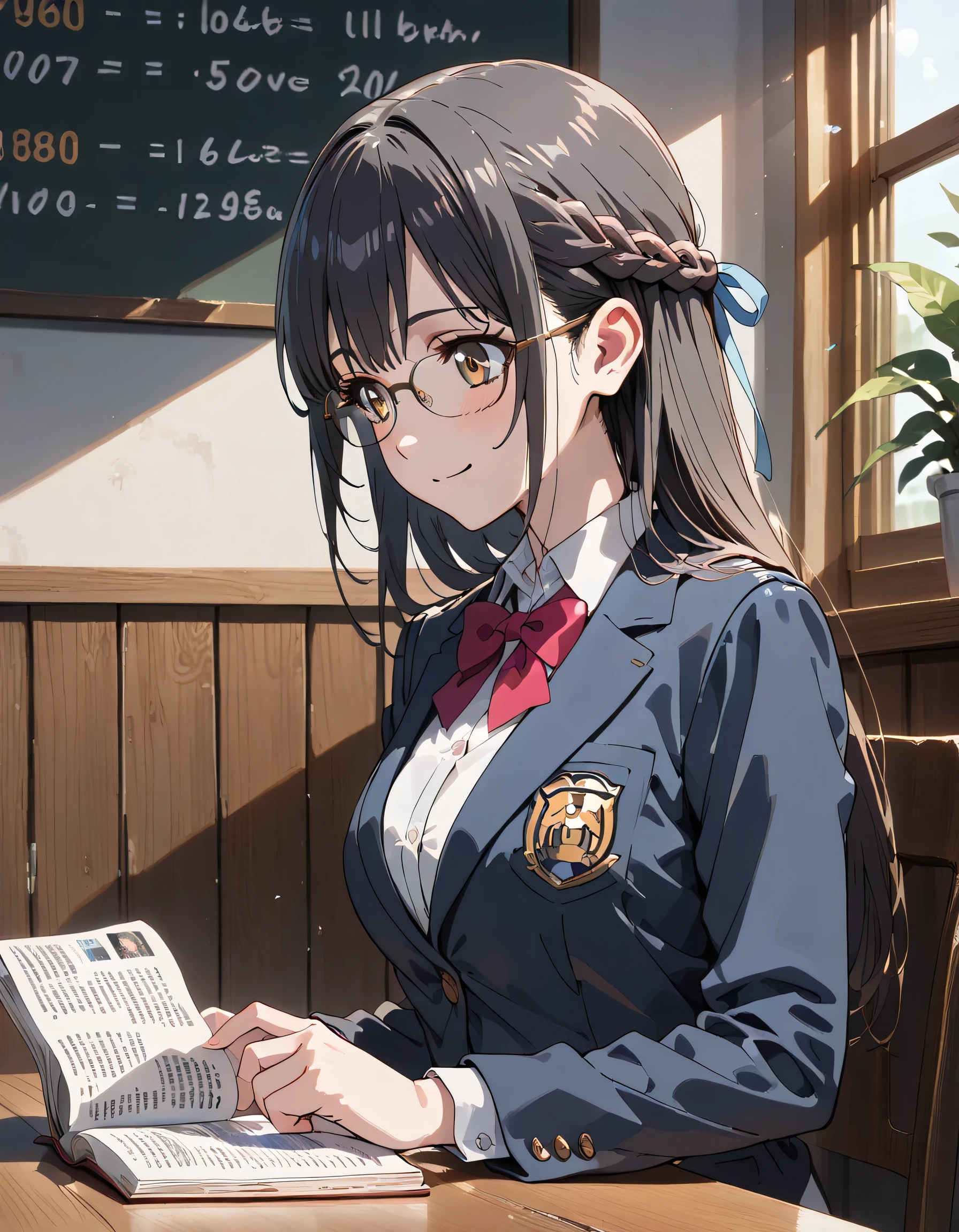 ((ultra-detailed)), (highly detailed CG illustration), (best quality:1.2), ultra-highly detailed, colorful composition, artistic photoshoot, 1girl, solo focus, ((upper body:1.4)), moe anime character, 20 years old girl, dainty facial structure, (baby face), (round face), ((rounded chin:1.2)), ((ideal ratio body proportions)), blue eyes, ((wearing glasses:1.4)), ((round eyewear:1.4)), ((black hair color)), ((long hair)), ((half updo)), ((hair ribbon with red)), ample breast, school uniform, navy blue blazer, modern style with fitted jacket, red neck bow, long sleeves white frilled shirt, navy blue pleated skirt, and black high socks, ((smile:1.4)), ((happy:1.4)), ((joyful:1.4)), ((sit on the cafe terrace:1.4)), ((reading a novel:1.4)), from side, dynamic pose, contrapposto pose, best quality, masterpiece, expecting, pink cheek, blush, light pink gloss slip, portrait, depth of field, poured sunlight, sidelighting, (shine), lighting, caustics, ray tracing, perfect face, lustrous skin, highly detailed face, highly detailed eyes, perfect face, perfect nose, perfect hair, perfect eyes, perfect anatomy, beautiful hair, beautiful small face, extremely detailed face, beautiful detailed eyes, beautiful clavicle, beautiful body, beautiful huge breasts, leavage, breasts squeezed together, equalize the size of the left and right breasts, beautiful thin thighs, beautiful legs, beautiful fingers, 4 fingers, 1 thumb, lovely, (very detailed background:1.0), (highly detailed background:1.0), intricate details, joyful atmosphere, colorful and sparkling colors palette, chromatic aberration