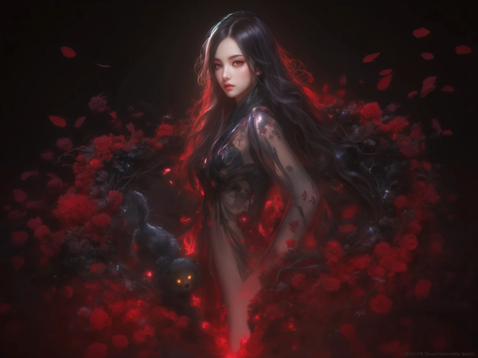 (female, slender body, full breasts, long black hair), (spider lower body, black slender spider legs, red lines), hyper-realistic details, deep tones, shimmering, balanced chiaroscuro, faint red light bursting in the dark, clean cobwebs covering the scene. --auto --s2