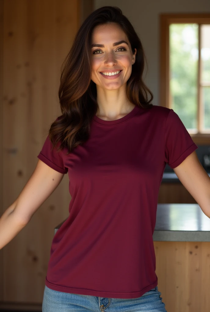 Beautiful brunette mother, 38 years old, athletic, tanned legs, wearing gym shorts and a t-shirt.  Standing outside a school. 4k. natural light. Detailed face, Wrinkles around the eyes. Ponytail.