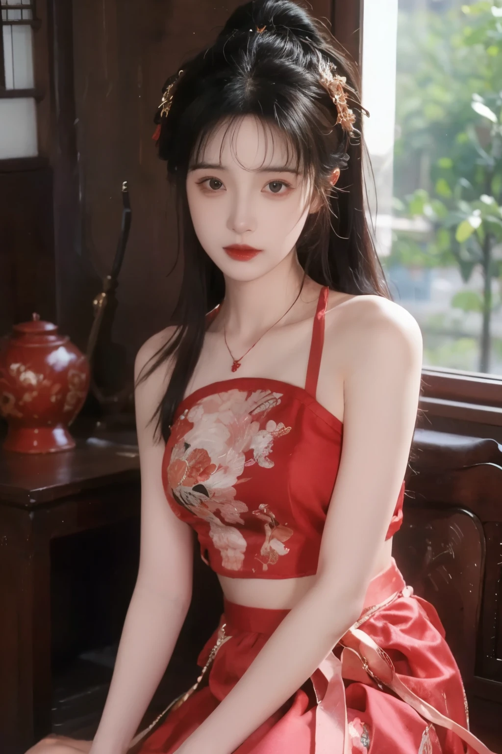 is the best quality, masterpiece, High Aims, 1 girl, Beautiful red Hanfu, Hair ornaments, necklace, ornament, pretty face, When the body, Tyndell effect, Realistic portrait, Dark Studio, Edge lighting, Bicolor Light , (very delicate skin:1.2), 8,000 uhd, DSLR, Soft Light, High quality, Volumetric Lighting, Honest, photo, high resolution, 4K, 8,000, Bokeh, dark hair,PINK HAIR TIPS, pink eyes.1 girl, skirt, Hair accessories , red skirt, alone, Chinese clothing , long hair, Sitting, bare shoulders, window, brown hair, OK, interior, dark hair,