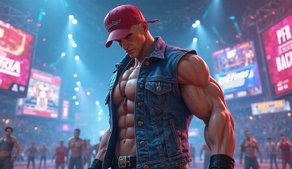 ai art image name "alan ritchson action picture big muscles"  rap style beautiful blue pants red details and same color upper body in stylish hat with text "versace logo image, lv sticker", 3d gold font chibi hermosa in fashionable clothes beautiful and stressful ringtones on night club background, 3d view,
