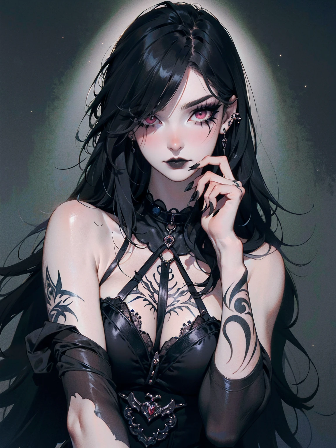 Selene undeworld, loba, Hibrido,piercings, tatuagens, tattoo de lua 🌙 na testa, black catsuit, Corcer, cabelo escuros, cachos,
