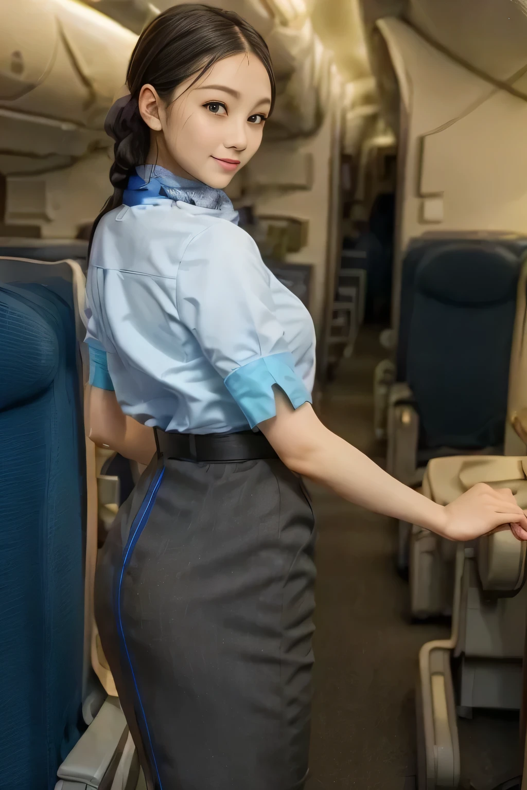 (masterpiece:1.2, top quality:1.2), 32kHDR, high image quality during sick leave 。 perfect for loosely aligning your legs , (alone、 1 girl with an Oracle)、( daytime building rooftop 、 SPECIALIZED LIGHTING )、 Facing roof of building 、( wear a blue ANA flight attendant uniform 、 real style )、(( ANA flight attendant uniform 、 There is a blue line on the skirt of the ANA flight attendant uniform、 Wrap a scarf around your neck ))、 dark brown hair 、( Super Long Hair Wrap Hair、 Braid Summary Hair )、 long hit 、Big Breasts、 Read more、(( amazing hand :2.0)),(( figure in harmony with the roof of the building :1.5)),(( In general limbs:2.0)),((In general :2.0)),(( watch:2.0)),((In general eyes :2.0)))、 smile 、( blue figure showing the beautiful back of an ANA flight attendant uniform )、blue eyes、 put your right hand on the seat