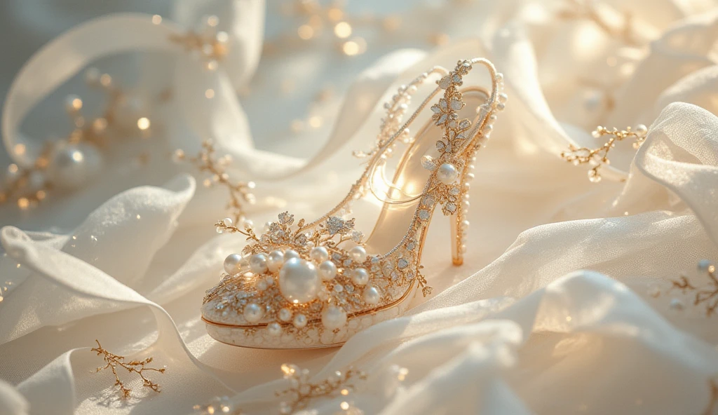 There was a woman's wedding shoes,Veil on white background, White shoes, Silk shoes, stylish shoe design, shoes, fairy tale style background, fairy tale style, elegant photorealistic, ethereal fairytale, wearing heels and white dress, Guviz, Classy and Elegant, High heels. Silk, big breasts beautiful, beautiful detailed elegant, Cute:2, elegant digital painting