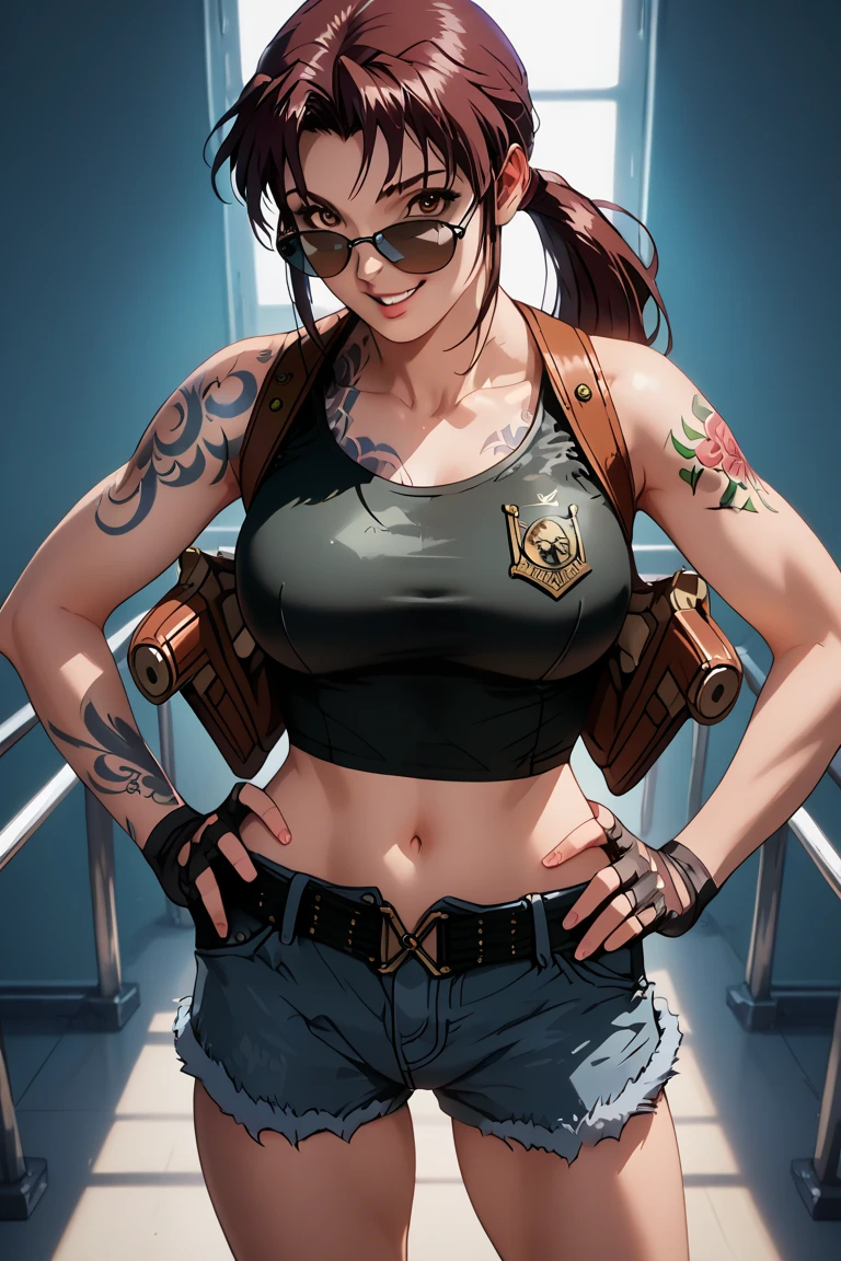 (obra de arte, melhor qualidade) ShevaRE, 1 garota, Sozinho, arma, pistola, luvas, joia, Luvas sem dedos, Handgun, brincos, cabelo curto, That's, tatuagem, coldre, looking back, pele escura, pants, ombro frio, Realista, cabelo preto, mulher de pele escura, bracelete