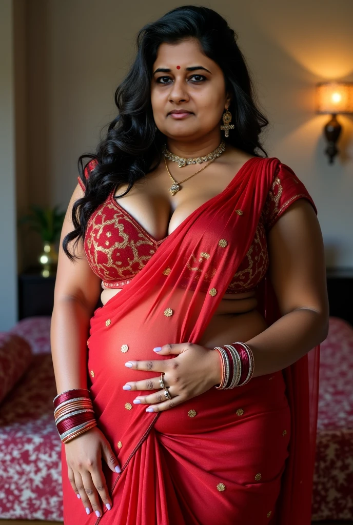 27yo tamil light chubby milf + red saree+uncovered navel+deep clevage + bitting fingers