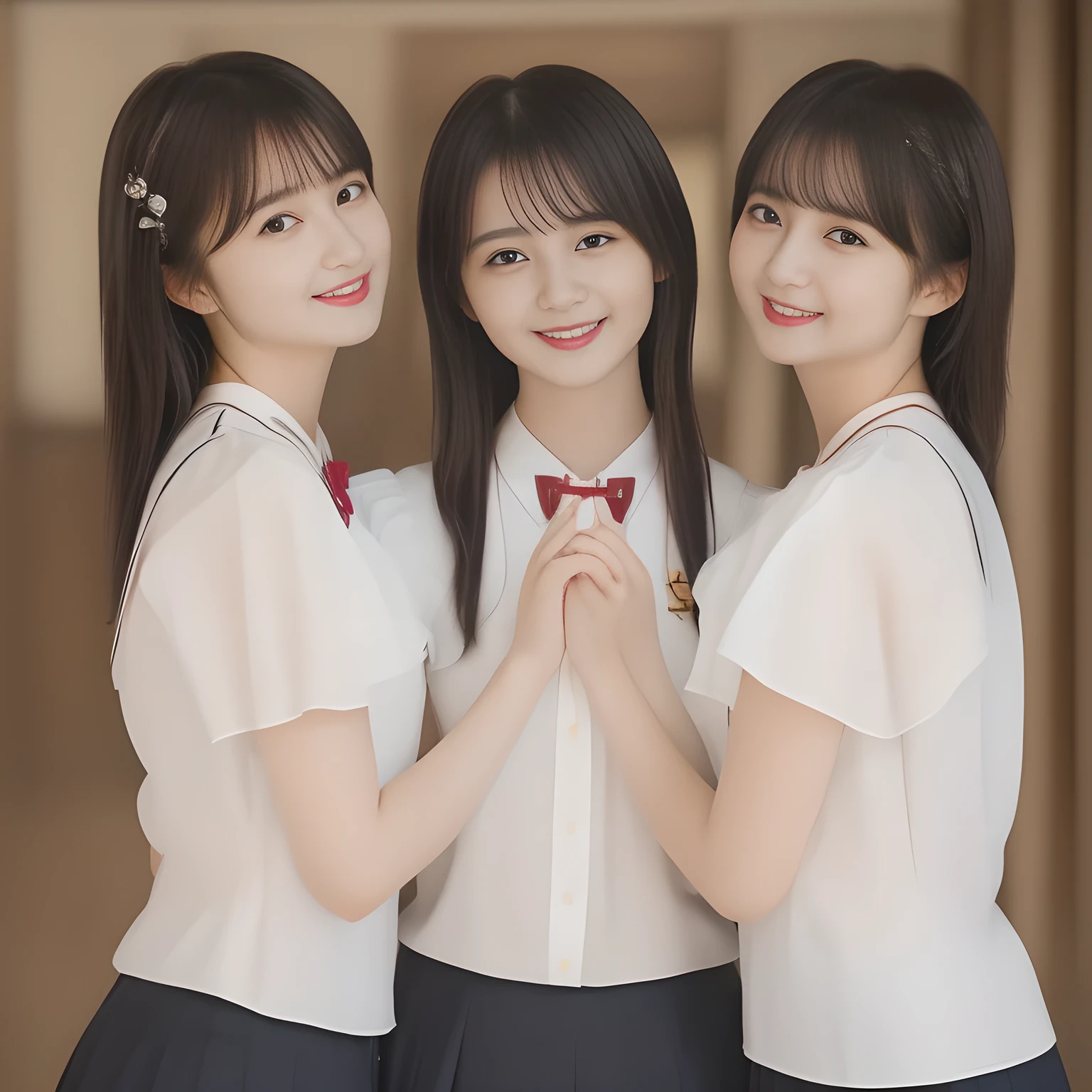 (masterpiece, best quality:1.2), High resolution, 1080P, 8K, 1girl, solo, (((Too beautiful three zinomy rich girls)) are gathering their hands together. All the girls are noble, neat, intelligent and beautiful slender, maximum laughter of happiness, neat seducing uniform and skirt: 1.8), (Incredibly well organized pure white face, Glossy lips, Very long black beautiful straight hair like a hair model, Pure and clear wet eyes, (((Noble and neat and noble))) Japanese school uniform, (white cute school ribbon bow-tie), girly & fluttering ((frilled gorgeous expensive white school blouse)), puffed sleeves, (white cutest well-pleated noble (ivory skirt)): 1.9) ,(beautiful legs, white socks and school loafers), (Using expensive face-whitening cosmetics to make her skin more beautiful and pure by professional makeup artist: 1.0), (The 3 neat beautiful girls know well about the viewer's super fetishism for school uniforms, and satisfies it completely with skirt: 1.0), (well detailed face and seducing eyes: 1.8), (All the girls are giving the the (single alto recorder) extreme happiness of beautiful hands and skirt: 1.5)