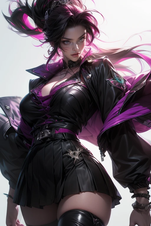 League of Legends girl style, a woman with purple hair, cyberpunk woman anime woman, potassium, Beautiful angry cyberpunk goddess, cyberpunk artstyle, cyberpunk anime digital art, cyberpunk anime art, Film Poster, girl portrait, cyberpunk anime art, cyberpunk themed art, cyberpunk dark fantasy, garota de League of Legends, 1 girl, short purple hair , short-hair, purple hair girl, shorth hair, burning place, white shirt, dark red leather jacket, sideways, girl on an abandoned street, cabelo roxo, shorth hair, green eyes, Pink lips, standing, ultra detalhada, masterpiece, super verbose. garota de League of Legends. purple hair girl/Violette, girl in brown pants, white blouse, dark red leather jacket, estilo uma garota de Resident Evil em um burning place, spark, spheres of light, Film Poster, League of Legends, League of Legends style, Saw from arcane in an abandoned city, Everything is burning, fire everywhere, purple hair girl, shorth hair
