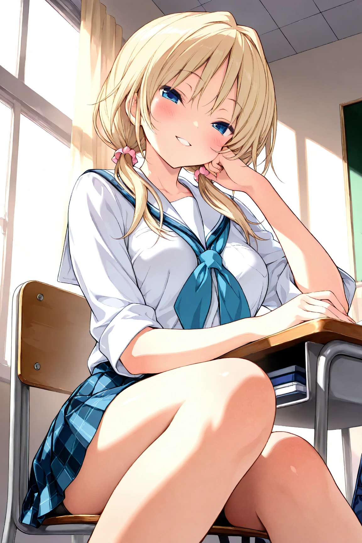 (NSFW:1.2), No modification, table top, (absurd:1.1), very detailed and beautiful, anime style, 1 girl, blue eyes, blonde, Sheer blouse, Unbuttoned blouse, open shirt, pleated skirt, hair clip, small breasts, classroom, Peace sign by hand, lying on the desk with legs apart, Bend your knees and open legs,  twin tail hair, sweating, chest comes out, 1 boy, (sex:1.3)