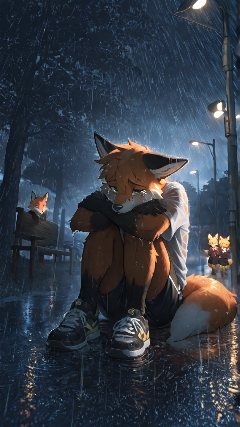 //Quality
very awa, masterpiece, best quality, year 2024, newest, highres, absurdres,
//Character
1male, solo, anthro, fox, fox anthro, orange fur, green eyes, yellow ear tips, white front paws,
//Clothing
white shirt, black athletic shorts, sneakers, wet clothes, soaked, transparent, clinging to body,
//Pose/Expression
sitting, hugging knees, crying, tears, sad, melancholic, depressed,
//Environment
night, park, outdoors, rain, rainy, raining, puddles, wet ground, under tree, tree shelter,
//Lighting
dark, night scene, dim lighting, moonlight, street lamp,
//Atmosphere
, solitude, melancholy, emotional, dramatic