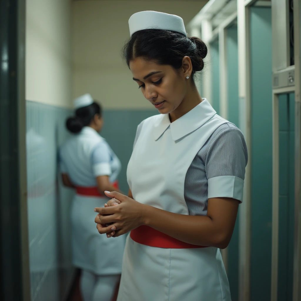 A girl, tanned skin, long hair black hair,hanging over her chest, wearing a sky colour OT dress of doctors, standing Infront of a mirror,the room looks dreamy,a military man wearing olive colour uniform, handsome,clean shaved ,enter the room by opening the door, long hair upto waist,ot dress long pant and shirt,sky colour, hair long , hair open
