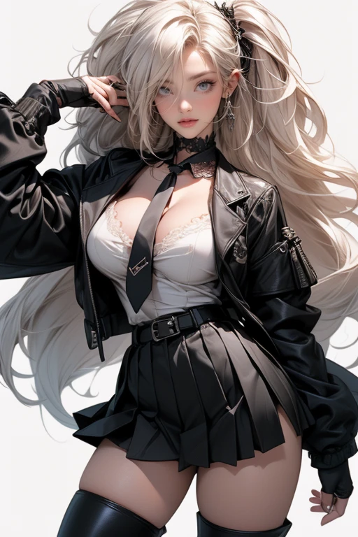 Ultra high quality,8K,Giant Breast Girl,Sexy and feminine, high and cold,Dark beauty,Enchanting,The head proportions are perfect,Gray hair,Wear a sweatshirt monogram print, Short red high-waisted skirt,Flaming red lips,Swan neck,chokers,O sol brilha intensamente,smallbreast,Cat ears