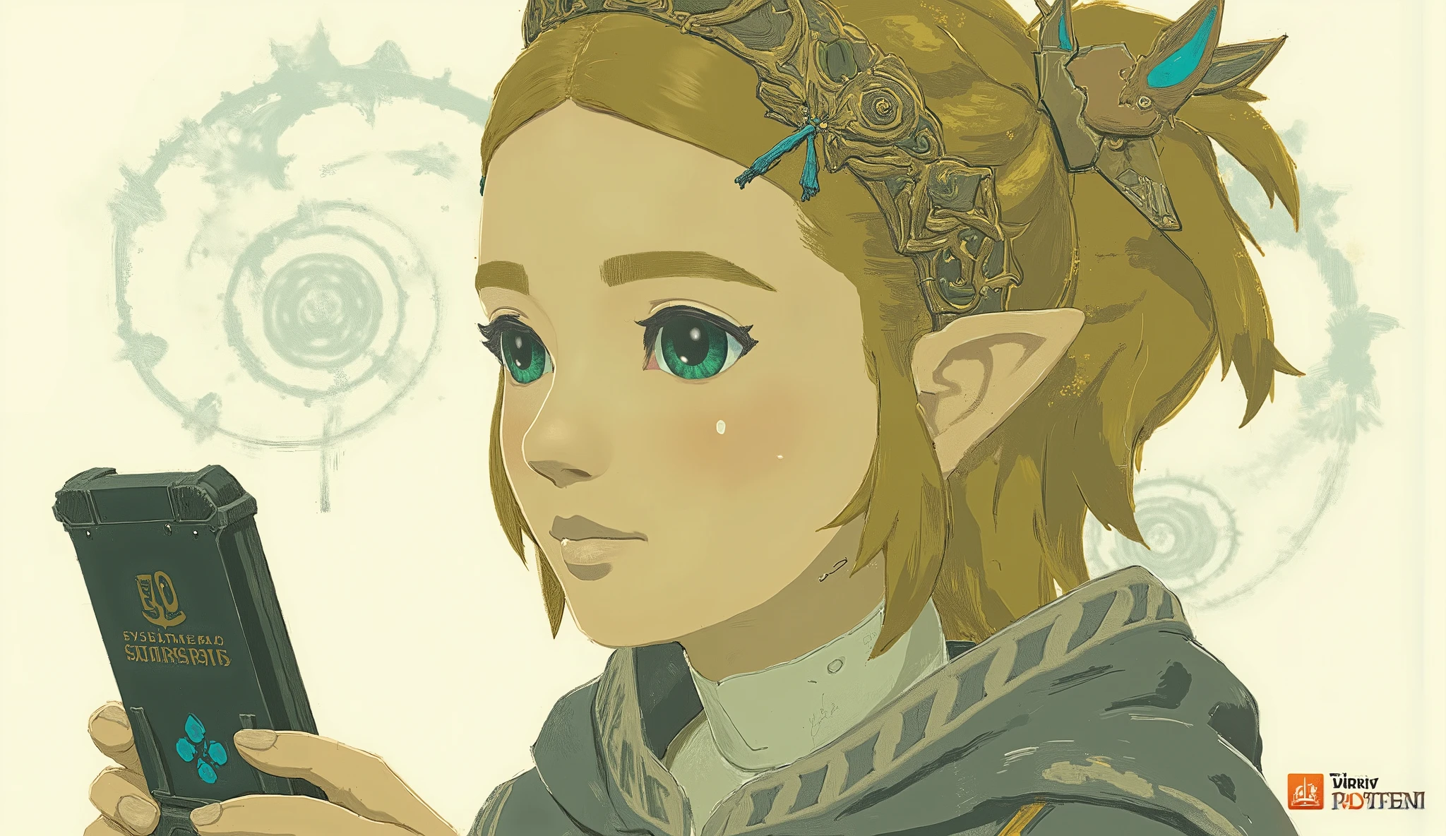 Zelda、 taken from below、Close-up photo of a woman holding a Nintendo Switch, Concept art by Kieran Yanner, CG Societyでトレンド, Art Nouveau, Zelda OTW, OTW style, Zelda, princess Zelda, Breath of the Wild Style , OTW, portrait of Zelda, Zelda with triforce, portrait of princess Zelda, from legend of Zelda