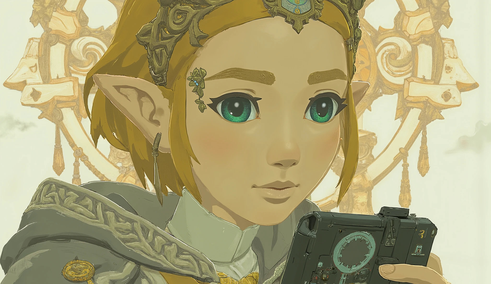 Zelda、 taken from below、Close-up photo of a woman holding a Nintendo Switch, Concept art by Kieran Yanner, CG Societyでトレンド, Art Nouveau, Zelda OTW, OTW style, Zelda, princess Zelda, Breath of the Wild Style , OTW, portrait of Zelda, Zelda with triforce, portrait of princess Zelda, from legend of Zelda