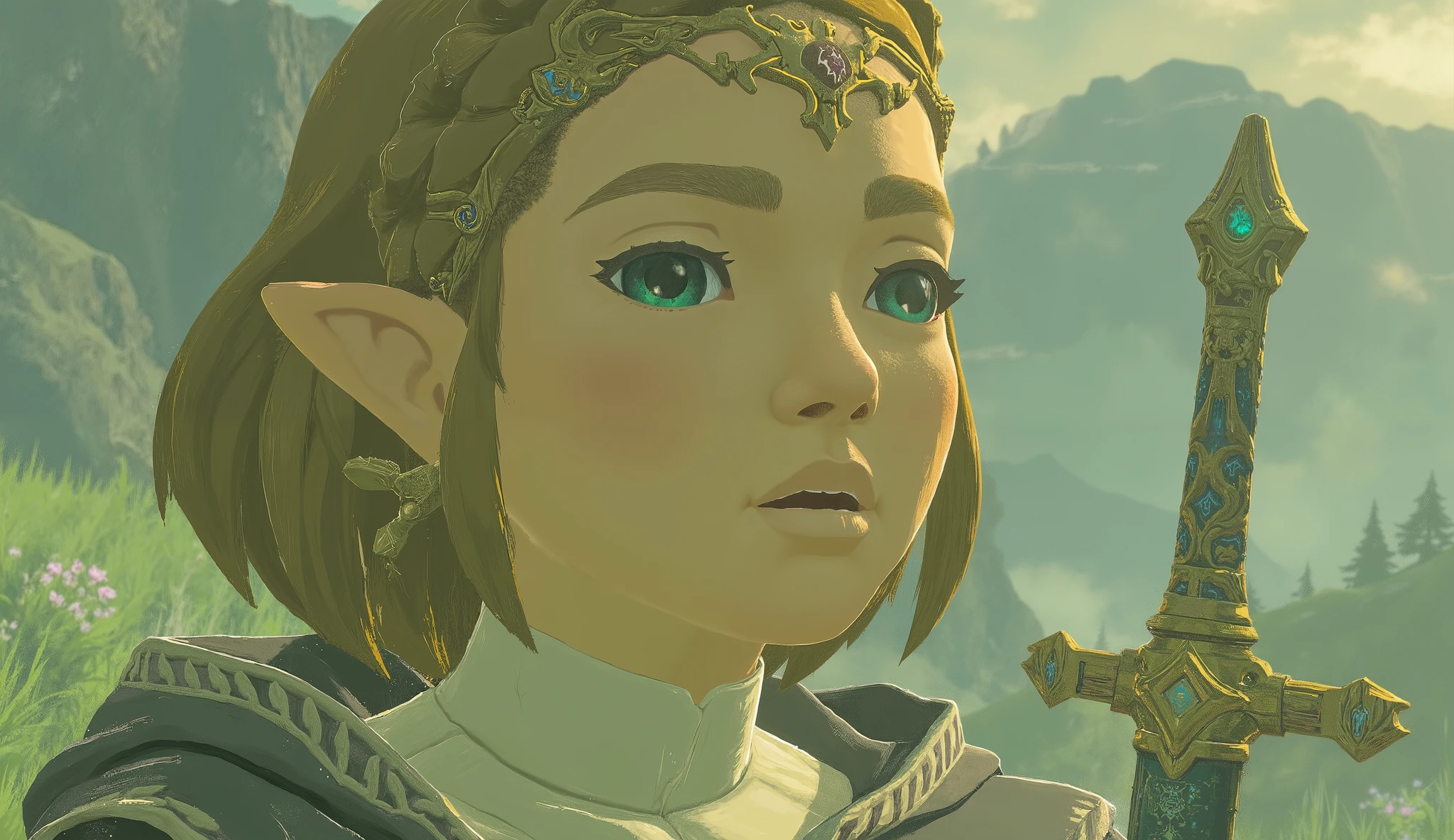 Zelda、 taken from below、Close-up photo of a woman holding a master sword, Concept art by Kieran Yanner, CG Societyでトレンド, Art Nouveau, Zelda OTW, OTW style, Zelda, princess Zelda, Breath of the Wild Style , OTW, portrait of Zelda, Zelda with triforce, portrait of princess Zelda, from legend of Zelda