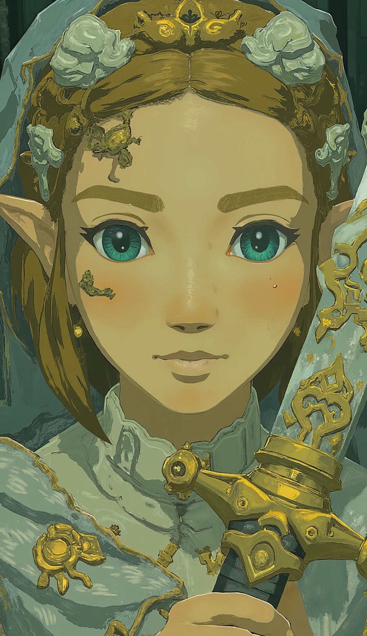 Zelda、 taken from below、Close-up photo of a woman holding a master sword, Concept art by Kieran Yanner, CG Societyでトレンド, Art Nouveau, Zelda OTW, OTW style, Zelda, princess Zelda, Breath of the Wild Style , OTW, portrait of Zelda, Zelda with triforce, portrait of princess Zelda, from legend of Zelda