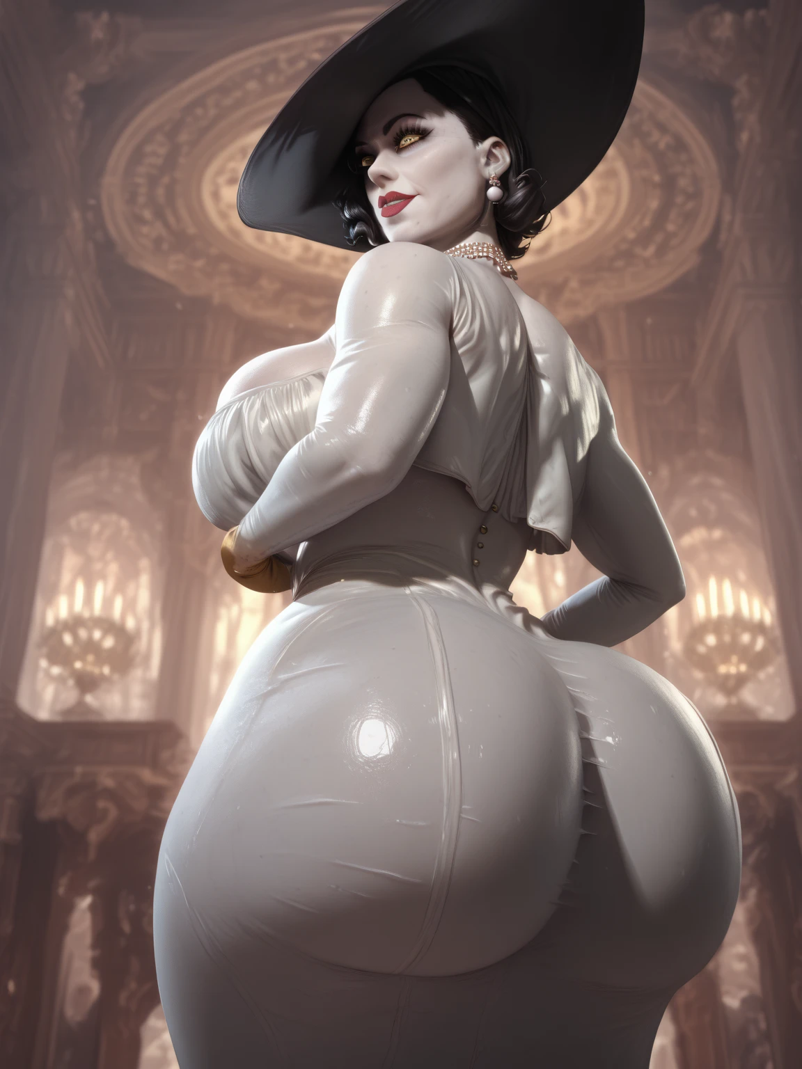 Big ass big breast futa lady dimitrescu with a long hard dick fucking curvy milf bitch in tight long latex dress, lady dimitrescu fucking curvy bitch in farm, detailed ultra 3D expressing intense pain and pleasure in her eyes. Fully detailed ultra 3D 100k fully detailed