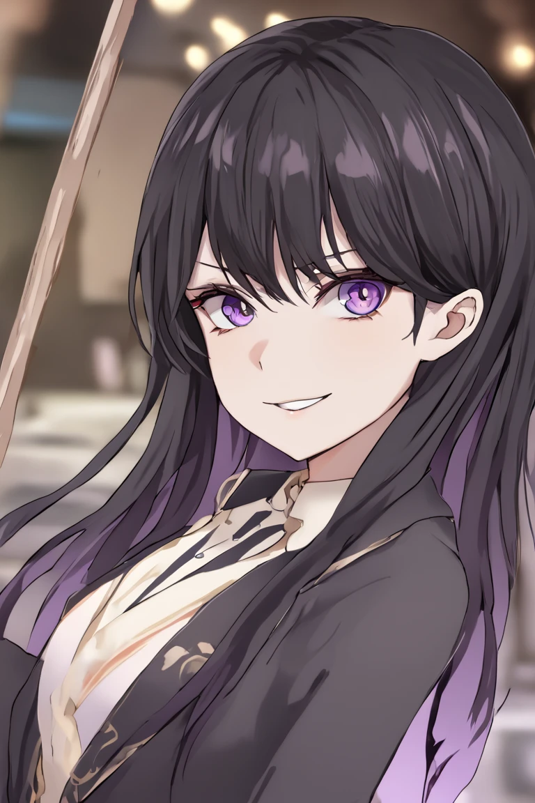 Shiina Tatsuki , black hair,long hair,Purple Eyes,1 girl,crazy smile,Hanasakikawa Women's Park,uniform,high quality,High Details,professional,vivid colors of the Himalayas,Bokeh,HDR,UHD,Studio Lighting,Ultra Fine Paintings,Sharp Focus,Detailed Expression,tsundere, put your hand on your cheek,Edge Guess Gao,Three white eyes,hanging eye,