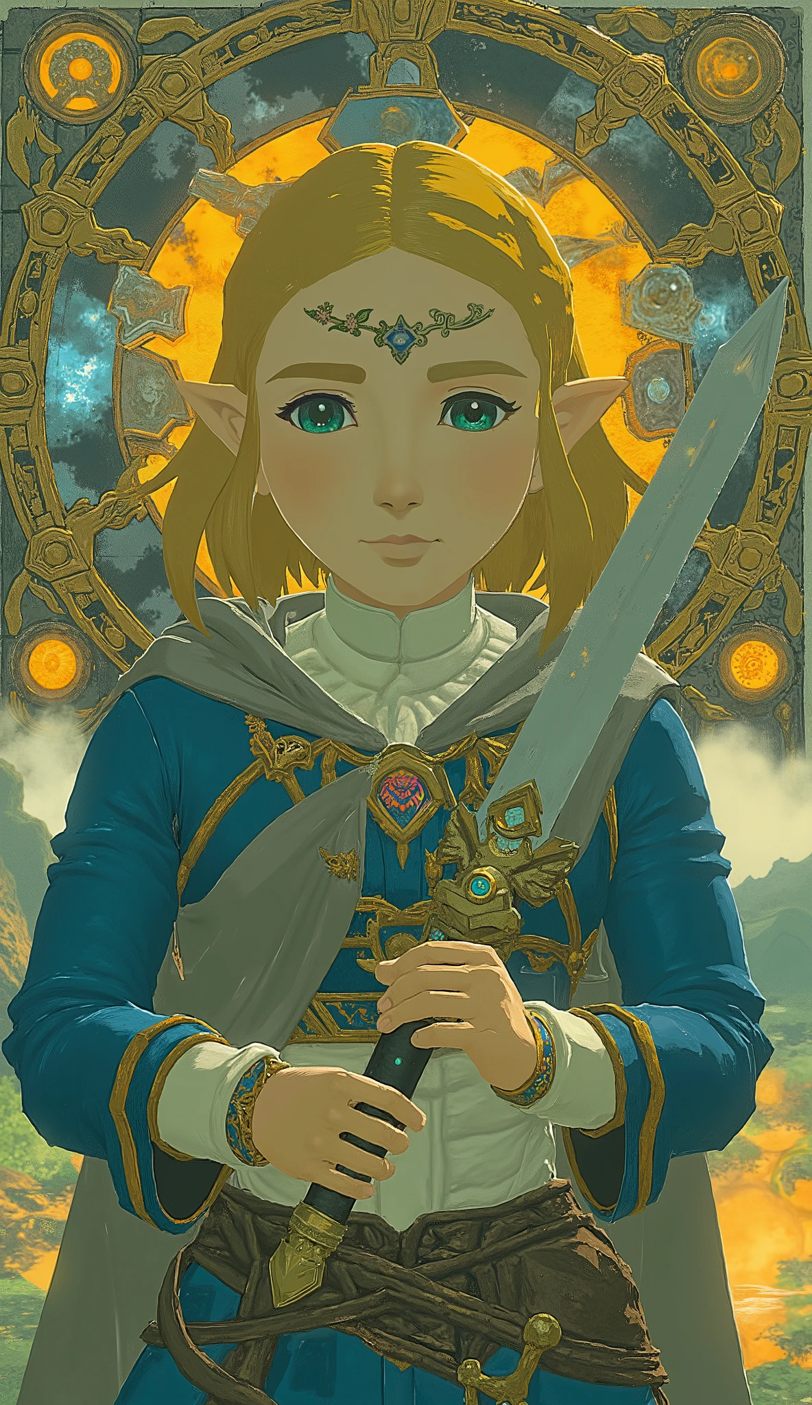 Zelda、 taken from below、Picture of a woman holding the Master Sword, Concept art by Kieran Yanner, CG Societyでトレンド, Art Nouveau, Zelda OTW, OTW style, Zelda, princess Zelda, Breath of the Wild Style , OTW, portrait of Zelda, Zelda with triforce, portrait of princess Zelda, from legend of Zelda