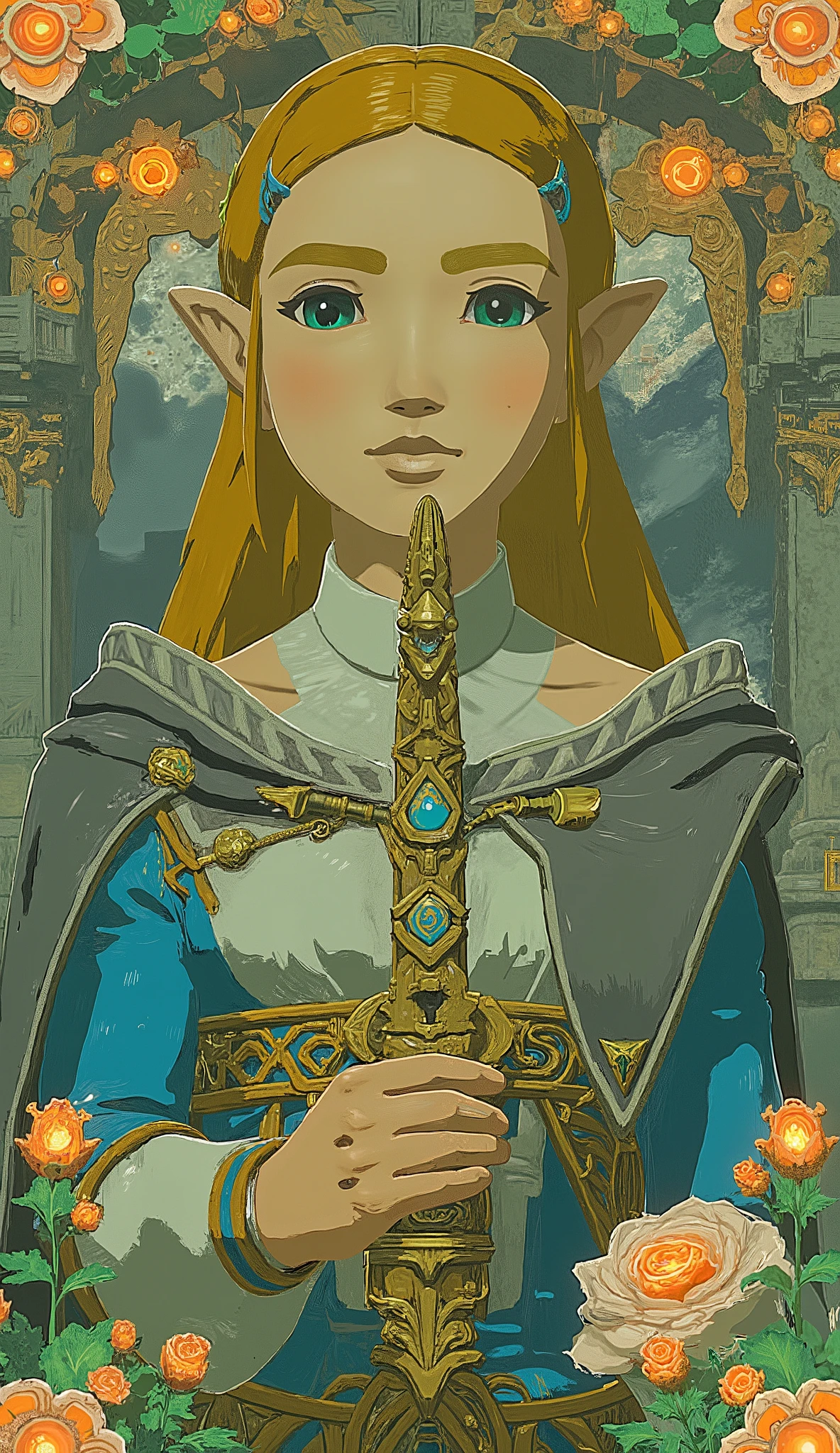 Zelda、 taken from below、Picture of a woman holding the Master Sword, Concept art by Kieran Yanner, CG Societyでトレンド, Art Nouveau, Zelda OTW, OTW style, Zelda, princess Zelda, Breath of the Wild Style , OTW, portrait of Zelda, Zelda with triforce, portrait of princess Zelda, from legend of Zelda