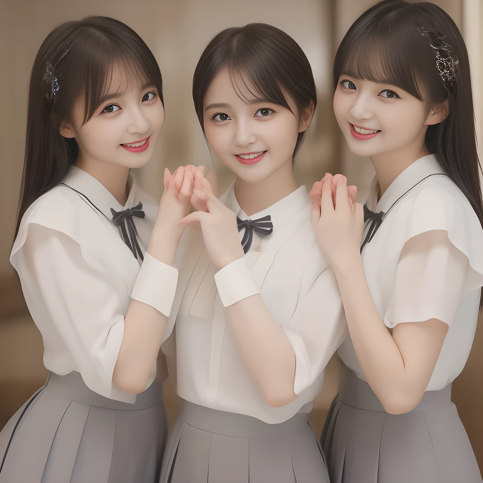 (masterpiece, best quality:1.2), High resolution, 1080P, 8K, 1girl, solo, (((Too beautiful three zinomy rich ((young beauty model)) girls)) are (piling their hands) together. All the girls are noble, neat, intelligent and beautiful slender, maximum laughter of happiness, neat seducing uniform and skirt: 1.8), (Incredibly well organized pure white face, Glossy lips, Very long black beautiful straight hair like a hair model, Pure and clear wet eyes, (((Noble and neat and noble))) Japanese school uniform, (white cute school ribbon bow-tie), girly & fluttering ((frilled gorgeous expensive white school blouse)), puffed sleeves, (white cutest well-pleated noble (ivory skirt)): 1.9) ,(beautiful legs, white socks and school loafers), (Using expensive face-whitening cosmetics to make her skin more beautiful and pure by professional makeup artist: 1.0), (The 3 neat beautiful girls know well about the viewer's super fetishism for school uniforms, and satisfies it completely with skirt: 1.0), (well detailed face and seducing eyes: 1.8), (All the girls are giving the the (single alto recorder) extreme happiness of beautiful hands and skirt: 1.5)