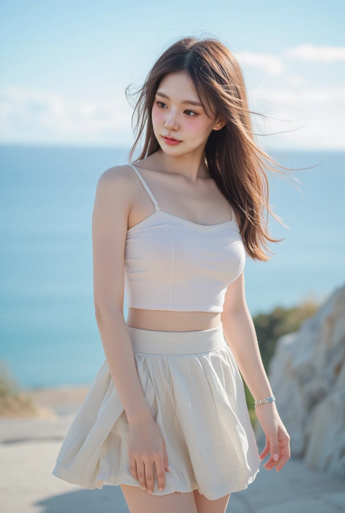 high detal,8K分辨率,超高分辨率,Young beautiful girl slightly fat,((waist-up)) ，full bodyesbian，A cute girl，long whitr hair，Bright and clear eyes,(voluminous hair,鎖骨,Exquisite and perfect facial features, the most beautiful big eyes,Long eyelashes,Wear a lace suspender bandeau top，Puffy skirt，，Crop topping，sweet eyes,ssmile)，dynamic angle,Extreme picture quality,Highest accuracy,Precise and perfect human anatomy，with blue sky and white clouds，On the beautiful seaside，sandbeach。