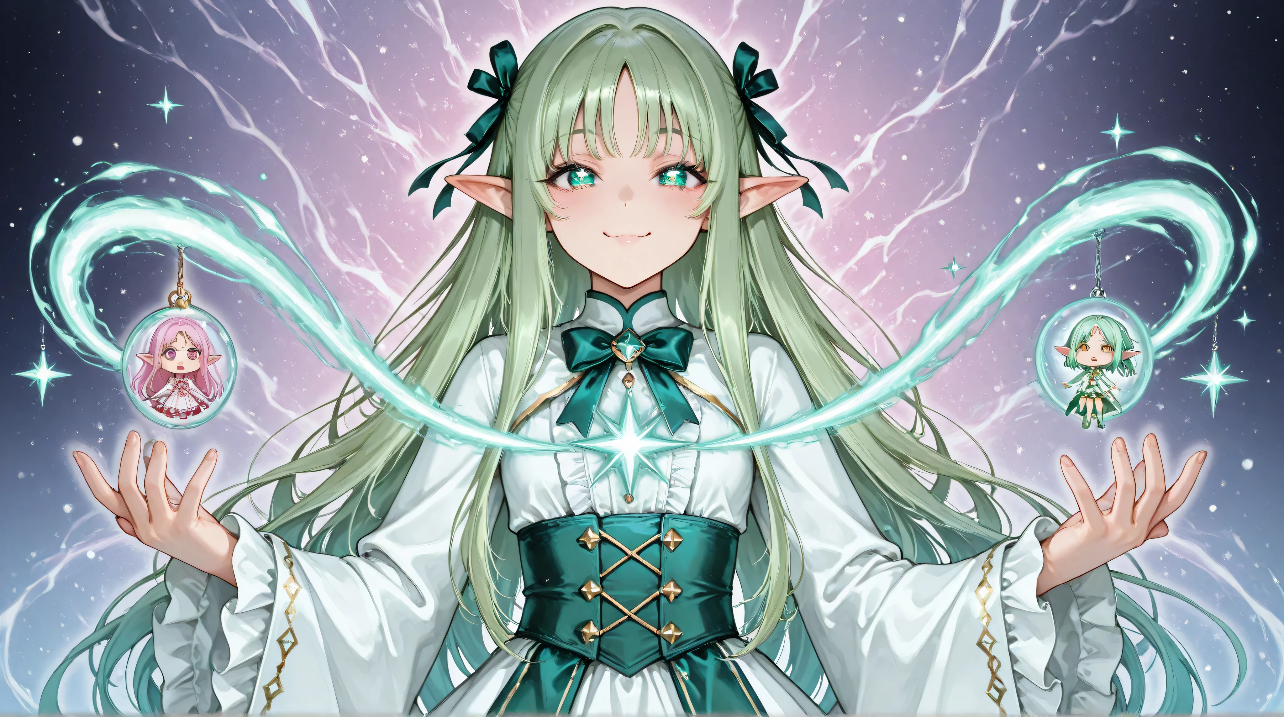 A petite elf girl with vibrant green hair and fair skin stands gracefully. She wears a flowing white robe adorned with delicate mystical patterns, exuding an ethereal and pure aura. Her pointed ears and bright, curious eyes give her an enchanting presence. An anime-style girl wearing a colorful, magical-girl-inspired outfit. Her costume features vibrant colors, intricate frills, ribbons, and sparkling decorations, emphasizing a cheerful and enchanting appearance. She has an energetic pose and an expressive face, exuding confidence, magic, and youthful charm.