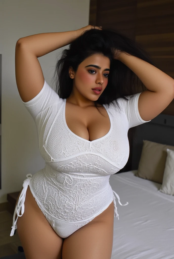 (RAW photo, natural lighting) Indian woman wearing short dress (short dress, bare shoulders, cleavage, jewelry), 20 years old, (chubby cheeks:1.4), (curvy body:1.5), (eyeglasses), (bindi), An Indian beauty, charismatic, light Indian- skin, view the viewer, naughty smile, luxurious villa in the background, (detailed facial features), (realistic:1.37)