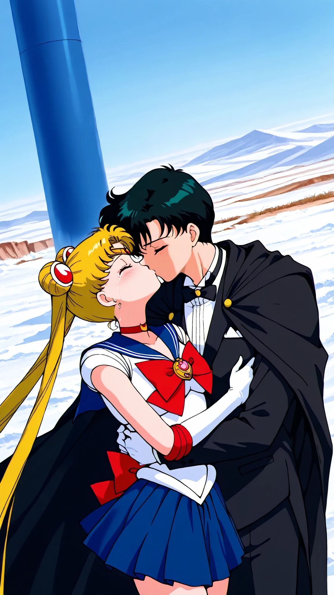 masterpiece,best quality,amazing quality, usagi tsukino, blonde hair, double bun, hair bun, hair ornament, long hair, twintails, circlet, parted bangs,back bow, blue sailor collar, blue skirt, bow, brooch, choker, elbow gloves, gloves, magical girl, pleated skirt, red bow, red choker, ribbon, sailor collar, sailor senshi uniform, skirt, white gloves, face to face, north pole, desert snow, snow, cold, hills, male, chiba_mamoru, 1boy black hair, short hair, tuxedo suit, black cape, hug, hugging, kissing, closed eyes, happy tears girl, smile boy, day, dutch angle