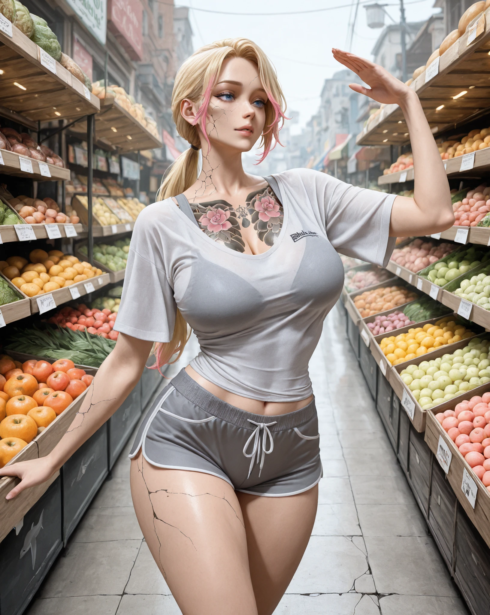 (detailed face, detailed body, detailed muscles, perfect skin, blemish-free skin, hyper-detailed hands, precise, precise fingers, focused, photography, ultra wide angle) (((photorealistic))), ((full shot)), front view , (1 blonde girl with pigtails), ((standing in a dynamic pose in a supermarket aisle)), framed face, eye contact, ((sensual expression)), ((wearing a short tight dress that shows cleavage and legs)), (big ), cleavage, slim waist, lip fillers, silicone lips: red lipstick, messy updo blonde hair, (dark eyeliner)