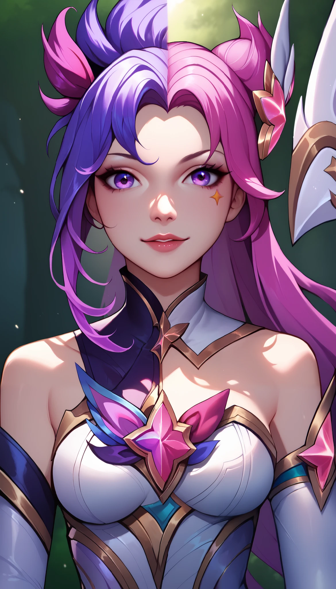 AkaliSGXL, purple eyes, purple hair, multicolored hair, parted bangs, star hair ornament, medium breasts, star guardian (league of legends), white dress, detached sleeves, black elbow gloves, solo, front view, (portrait, upper body), solo focus, looking at viewer, forest, tree, SplitScreen, split screen, seductive smile,