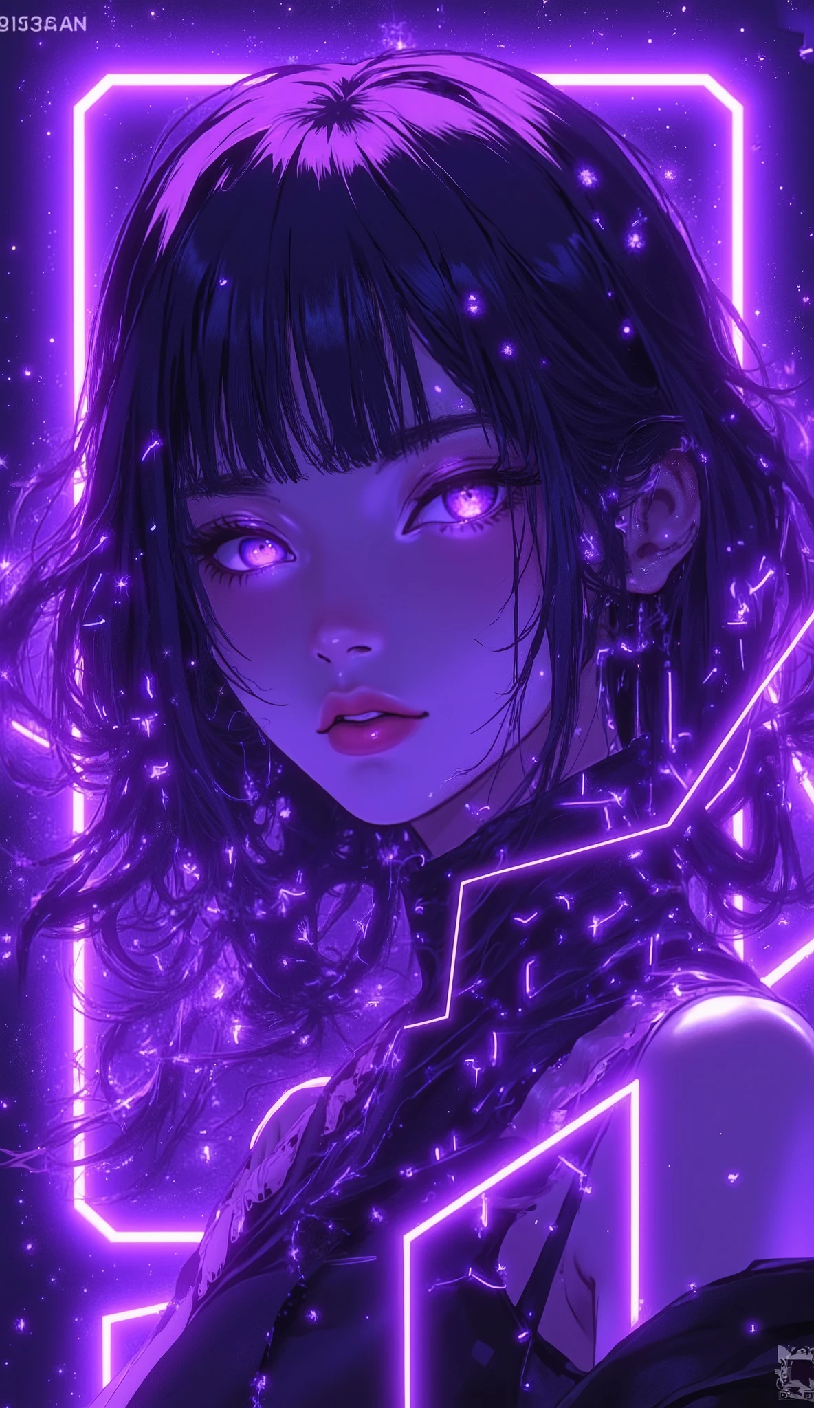 extremely detailed CG, high resolution, best quality, masterpiece,
Bathed in electric purple light, a striking figure emerges from the darkness. Luminous purple eyes pierce through the darkness as neon lights, while holographic elements dance through flowing hair. Geometric light frames create a window into this cyber reality, where digital particles float like electronic fireflies. The blend of traditional anime styling with futuristic elements creates a mesmerizing portrait that captures the essence of cyberpunk aesthetics.
