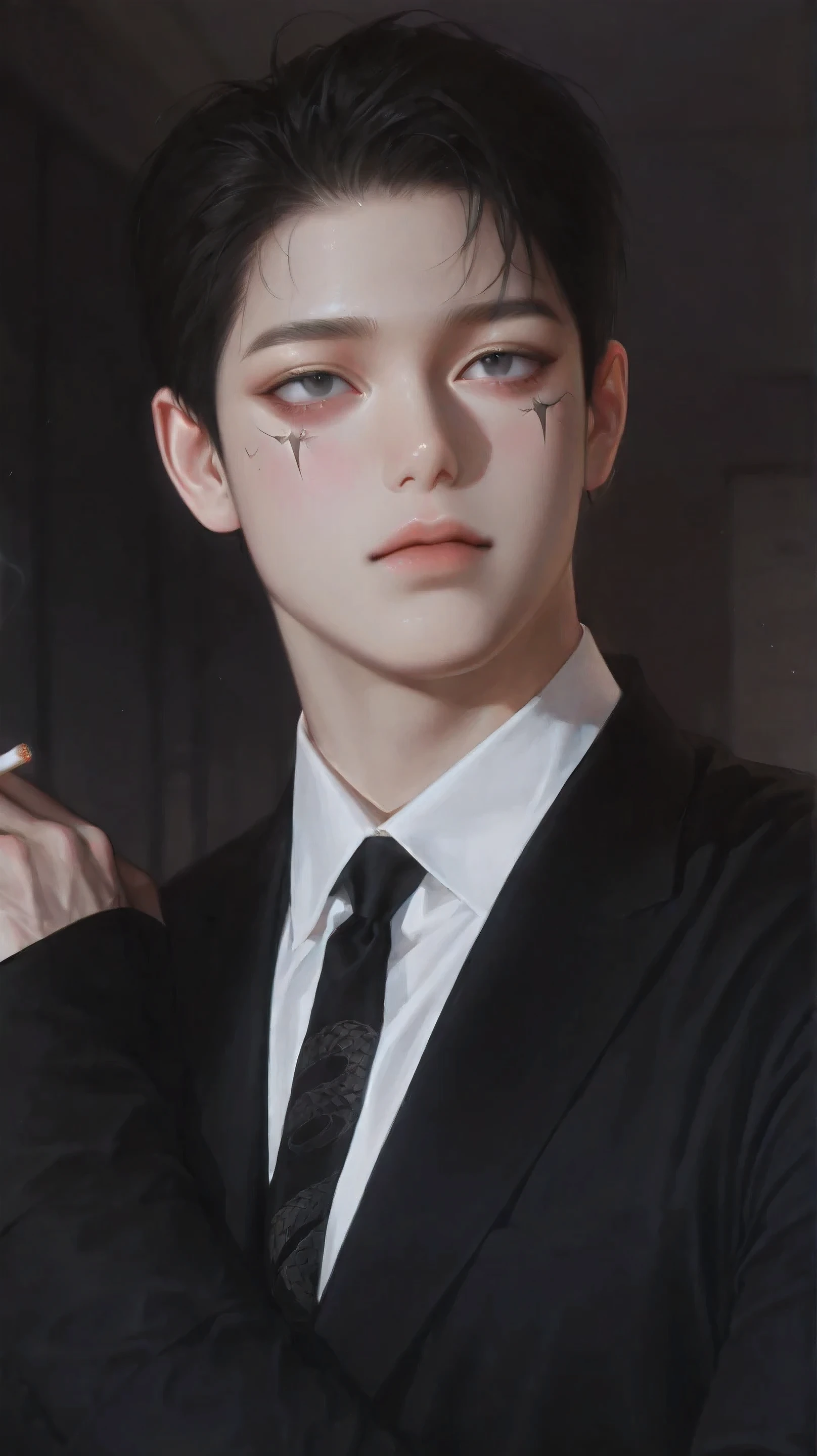middle-aged man, casting, ผมดำ, 1 Man with a Gun, alone, alone, dark circles under the eyes , short hair , male-centered , casting man, painted thick hair , Korean cartoon style , semi-realistic art , semi-realistic art style, expressive brushwork, vibrant brushstrokes , Impressionist Paintings , Realistic skin, Realistic hair , Realistic Detail , Realistic Images, high detail, Gray fur, muscle, near, ยakuza tattoo, Black Shirt, office, dark , Plump body, Big Hands, dark 공간, alone, alone, front image, cigarette