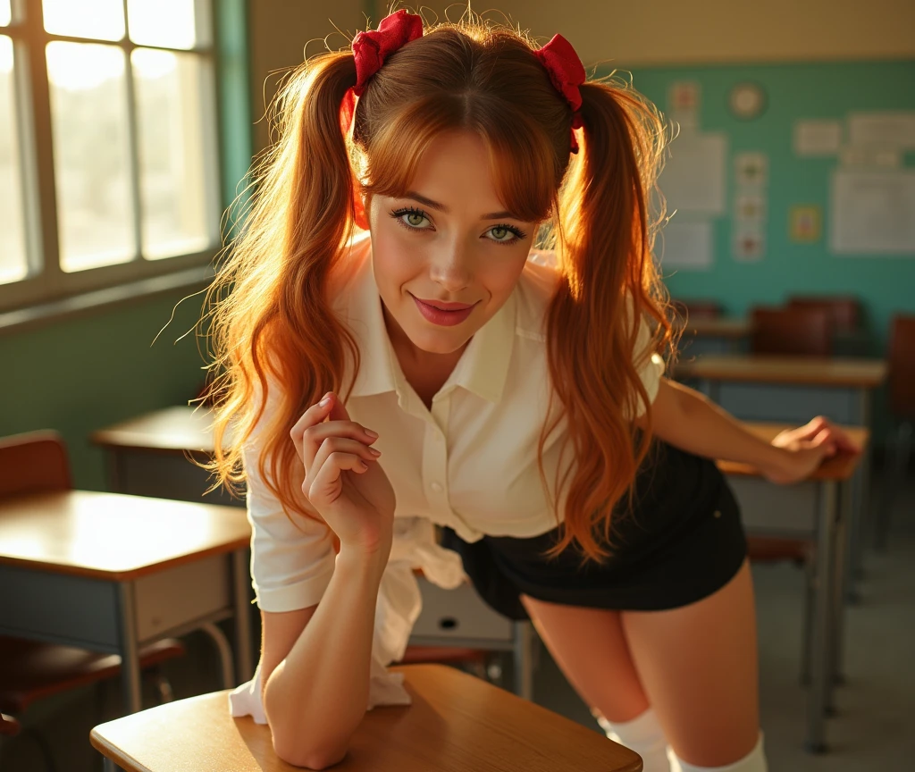Beautiful smiling tanned Schoolgirl with long red hair. wearing a croptop. She has bear shoulders. You can see her belly. She is wearing a skirt. Looking at camera. Wihte Stockings. Shot slightly from above. Clear background. Full body. Seiza pose. Sitting on schooldesk. Looking back