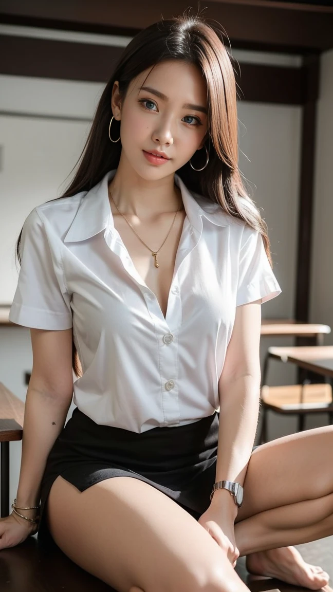 Best quality, super detail, masterpiece, fine detail, high resolution, portrait, 8k wallpaper, realistic details, garment details, skin details, detailed eyes, photoshop \(medium\), slim body, 1 girl, 20 years old, beautiful eyes, bare skin, well-formed face, bangs, black hair short, dull bangs, big, wearing school uniform, cleavage visible from white uniform, (seductive smile), , bedroom, Close up, on sofa, wearing skirt, college girl, short hair