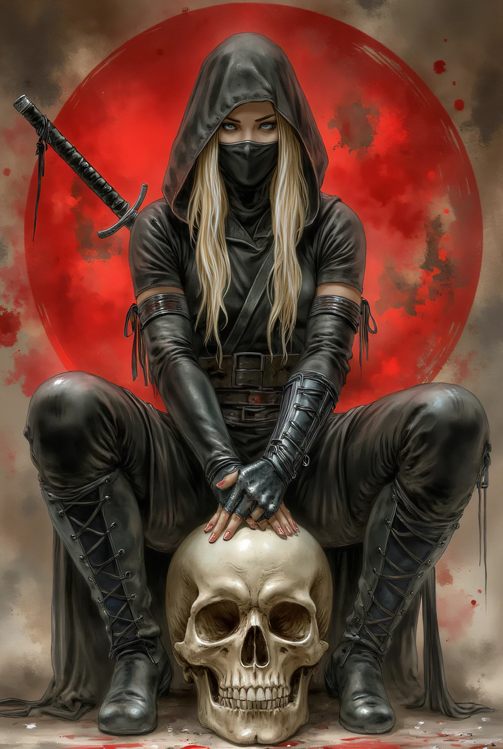 a ninja woman, sitting crouched on a human skull, wears a full black ninja costume, black hood that frames her face, black mask that covers the lower part of her face, long platinum blonde hair flowing out of the cap, eyes visible above the mask, gloves} Without black fingers that leave her fingers uncovered, black bands on her arms, black belts that tighten her waist, black ninja pants, laced black ninja boots, holds a Japanese katana with both hands, the katana blade resting on the skull, the skull is in front of her, stylized red and black circular background with abstract symbols, digital art style, detailed illustration, high-quality photograph, hyperrealistic art style, depth of field, vivid colors, 8k, ultra detailed, Powerful, seria.