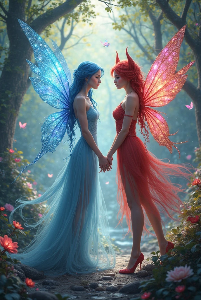 image of a red fairy with clothes in the shape of a red rose and red wings next to a fairy with purple clothes in the shape of a purple flower and purple wings