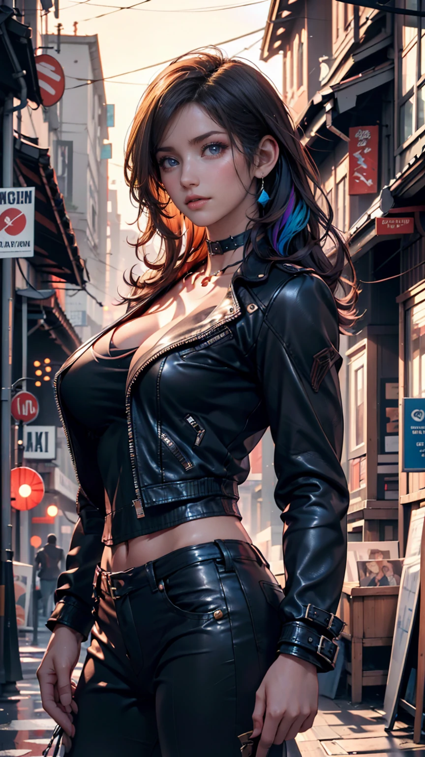 leather jackets,Young girl,huge tit,leather pant,Bodysuits,Colossal tits,masterpiece,a smile,Excellent style,top-quality、Long,multicolored hair,girl,super-detaild skin,hyperdetailed face,beautiful a girl,Charming girl,cyberpunked