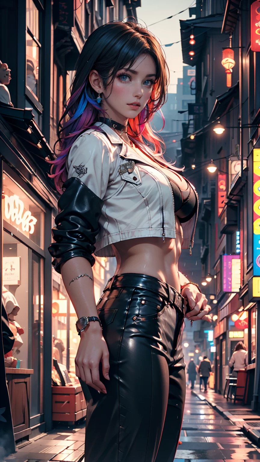 1girl, young, happy, (teal/orange/magenta hair), (wavy bang messy layered choppy hair), open exposed clothing, energetic, sexy, apple silver headphone, blue skirt, white blouse, leather jacket, huge breasts, (robotic eyes), energy core implented inside her chest, freckles, she's a wizard , windy background in the city of Akihabara, photorealistic, bright lighting, (extremely detailed:1.3), professional photography, dutch angle, street view, dynamic, colorful, rainbow, shooting star, (galactic magical phenomenon), Ultimate, Masterpiece, cyberkenetic cypher machinery future