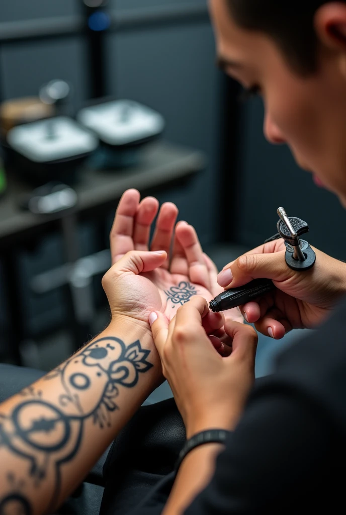 image of a psychology logo tattooing it, with a tattoo machine in his hand and the tattoo on his back

