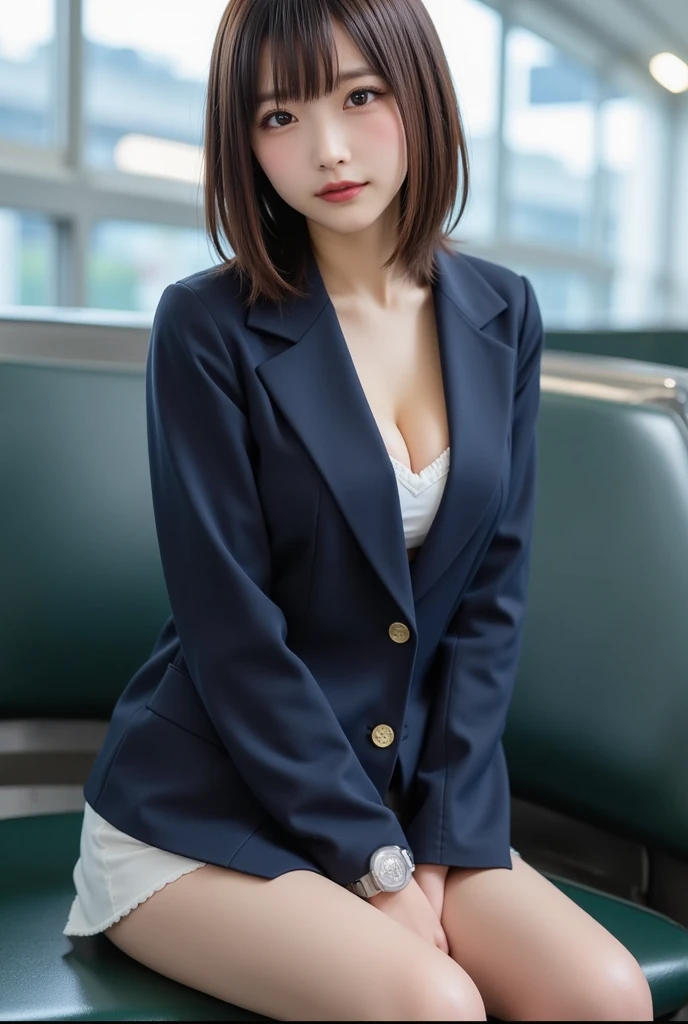 (((A beautiful girl walking down an alley in a neat navy blue suit:1.3))), (8k, RAW Photos, Highest quality, masterpiece:1.2), ((Beautiful girl alone)), Looking at the audience, Viewed from the front, Beautiful white skin, knees, Absurd face is small, Part your bangs down the middle, The forehead is visible, Glare, ((Cute mischievous face:1.3)), Ultra-high resolution, cute, (Slender body line), (Outstanding proportions), ((Neat OL suit:1.4, tie)), high school girl, (Idolフェイス, Baby Face:1.65), Japanese women, Are standing, (Photorealistic:1.37), Photon Mapping, Realistic, cute顔が小さい, Brown eyes, prospect, Written boundary depth, Blurred Background, (I can see the bangs), Silky smooth hair, (Firm stomach:1.3), (Beautiful and slim thighs:1.4), (Small beautiful butt:1.2), (Curved waist), thigh, Nogizaka idol, Idol, (Detailed hands:1.3, Accurate hands:1.3, Beautiful little hands of a girl:1.3), (Firm and beautiful breasts:1.3, Cleavage), Super quality, Low people, (Clear white skin, Skin with visible pores:1.2), (Focus on the face), Check and correct the garment construction, (Perfect Anatomy:1.3), (Detailed eyes and face:1.3, Professional photography techniques), (Adorable poses:1.2)