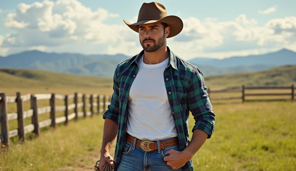 A handsome cowboy with a strong, chiseled jawline and tanned skin stands confidently in a vast countryside field. He wears a classic brown cowboy hat, slightly tilted, casting a shadow over his face. His outfit consists of a white fitted T-shirt under a blue and green plaid button-up shirt, which is unbuttoned and casually draped over his broad shoulders. He also wears blue denim jeans secured with a brown leather belt that features an engraved silver buckle. In his right hand, he firmly holds a coiled rope, ready for action. The setting is a picturesque rural landscape with a wooden fence stretching into the distance, lush green grass, rolling hills, and a backdrop of distant blue mountains beneath a partly cloudy sky. The warm golden sunlight bathes the scene, adding a cinematic and adventurous feel, evoking the spirit of the American West