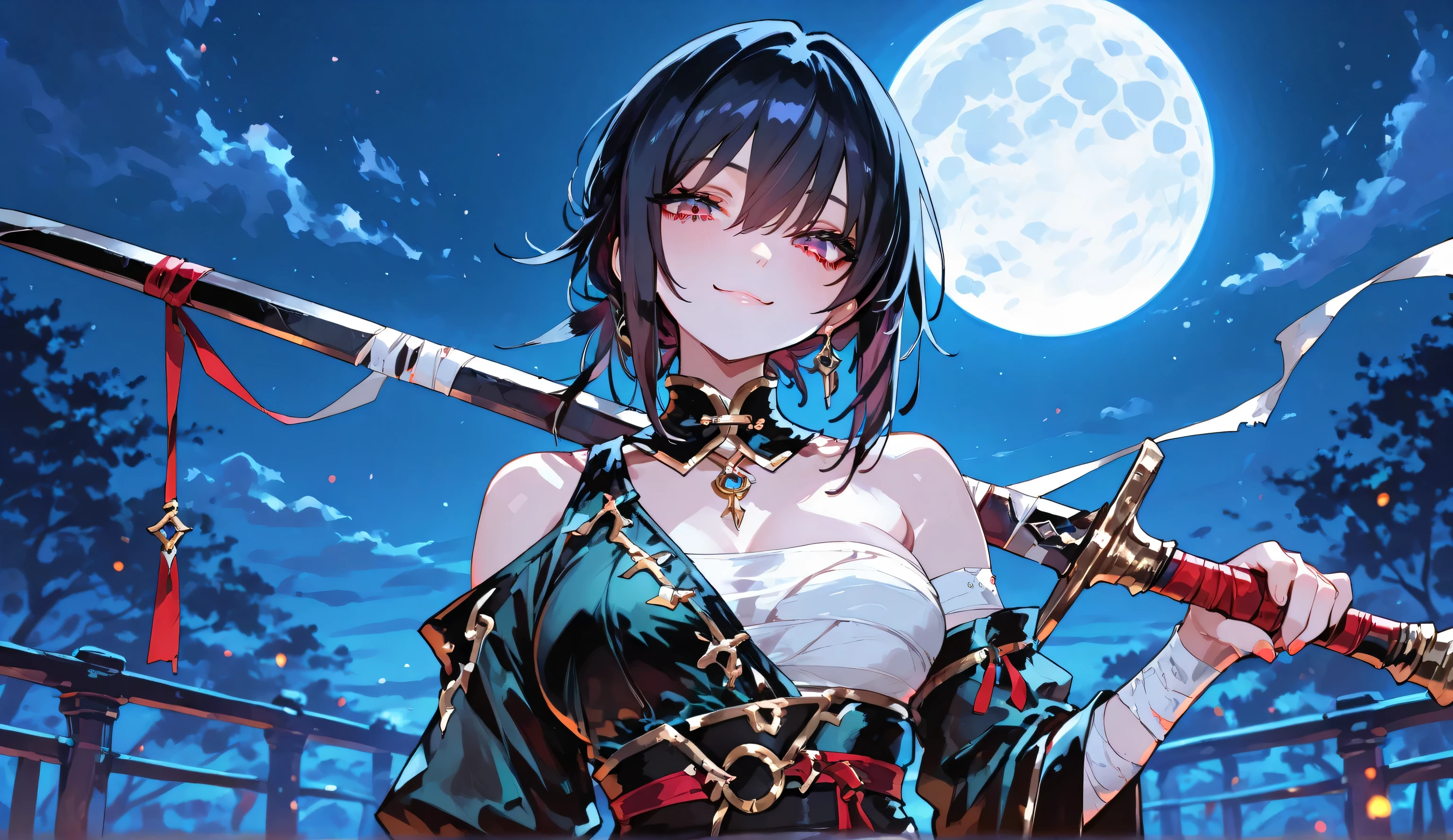 masterpiece, best quality, perfect features, 1girl, solo,looking at viewer, standing, upper body, smile, holding, holding weapon, weapon, night, sky, full moon, depth of field,bandages, bare shoulders, asymmetrical clothes, jewelry, masterpiece, best quality,