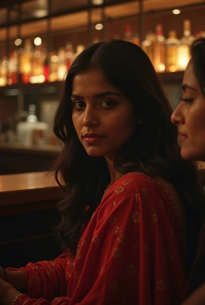 Create an image of a woman in a sleeveless, turtleneck dress, sitting in a busy coffee shop. Huge bust side cute, breasts visible from side, She is drinking coffee and looking directly at the viewer with a subtle, thoughtful expression. The scene is captured from a distance, allowing the bustling environment of the crowded coffee shop to be visible, with people engaged in conversation and baristas working in the background. The woman’s side breast is subtly highlighted by the cut of her dress, adding a touch of elegance to her relaxed pose. The overall mood of the image is vibrant yet intimate, with warm lighting enhancing the cozy atmosphere. Chaitra, indian women