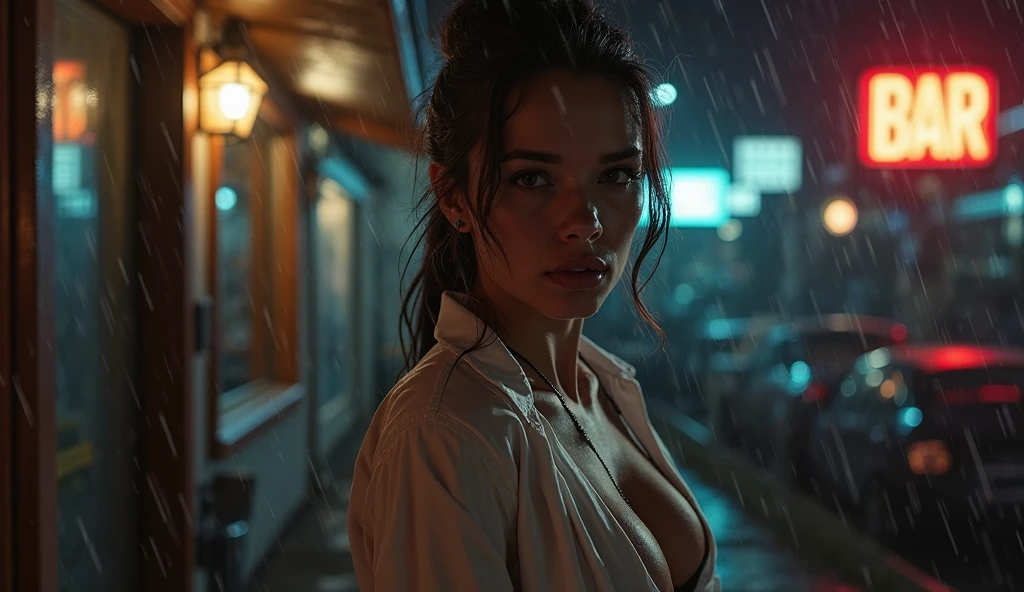 ((Best quality, 8k, lace maxi dress around her ankles, large perky breast exposed with round puffy nipples, standing in the rain, red light district, highly detailed face and skin texture, detailed eyes, double eyelids.)